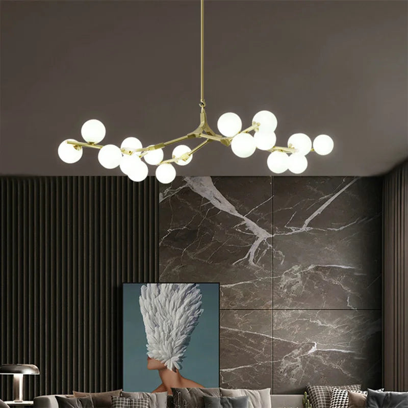 lustre en verre avec branches d'arbre et boules lumineuses - vue 5 sur 12