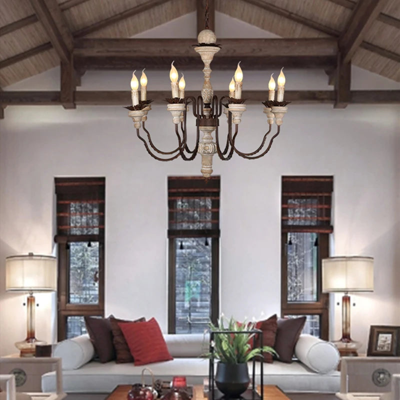lustre rétro artisanal en bois massif luminaire décoratif suspendu - vue 3 sur 9