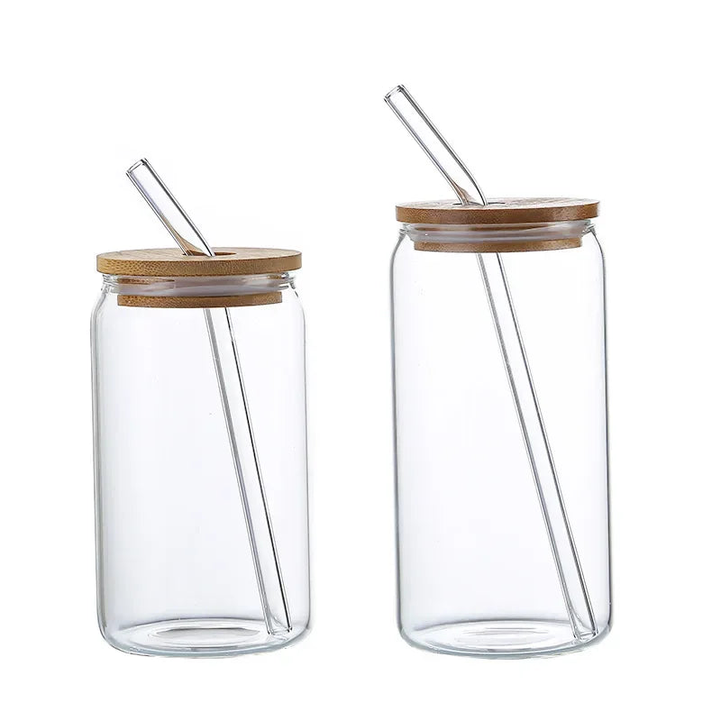 Tasse verre borosilicate forme canette couvercle bambou paille - vue 6 sur 7