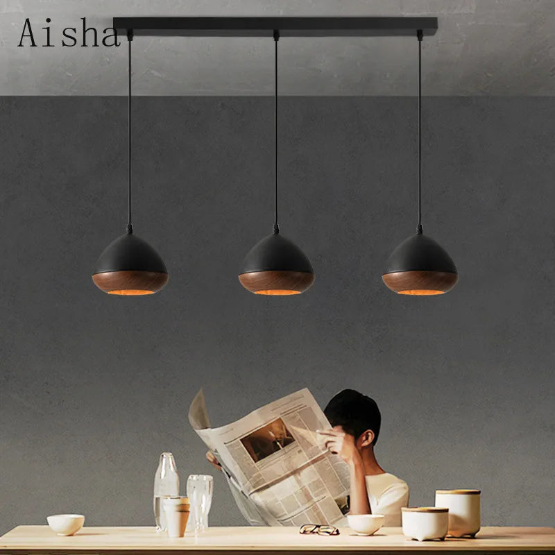 lustre en fer de style japonais wabi-sabi imitation noyer nordique - vue 4 sur 10