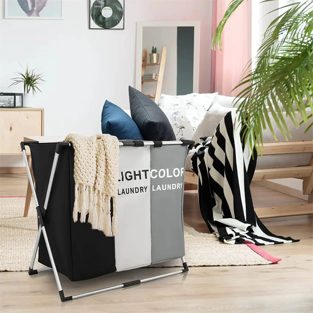 panier à linge pliable trois compartiments pour vêtements sales - vue 10 sur 9