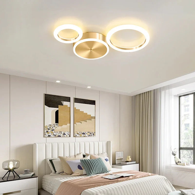 Plafond moderne à LEDs lustre en aluminium Simple plafonnier pour salon chambre salle à manger cercle anneaux plafonnier doré - vue 3 sur 12