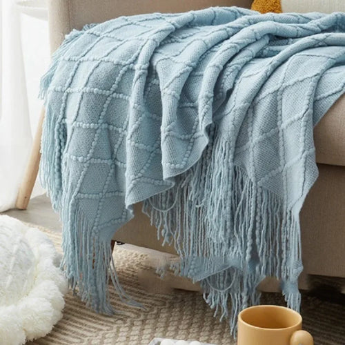 Plaid tricoté jacquard à pompons style nordique décoratif