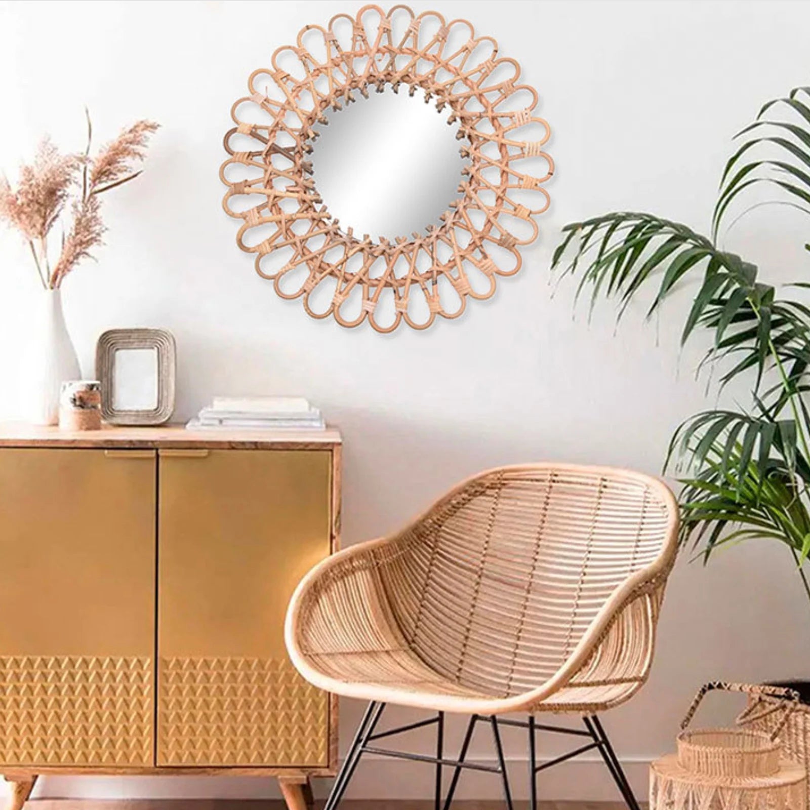 miroir mural rond en rotin au design nordique élégant - vue 4 sur 6