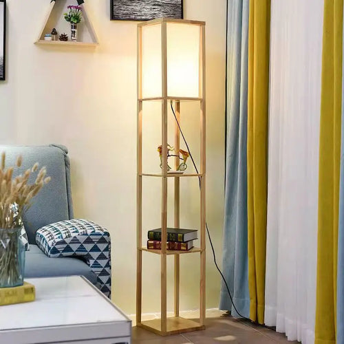 lampadaire LED étagère de rangement Nordic tissu bois massif lampe sur pied pour salon chambre bibliothèque fleur support interrupteur à tirer - vue 2 sur 7