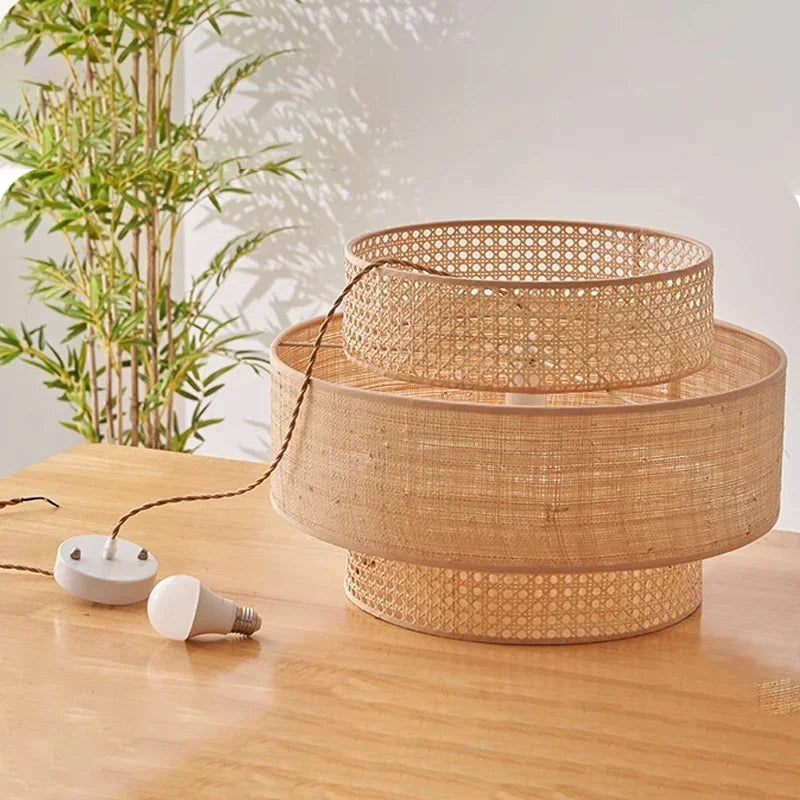 lustre à led wabi sabi en rotin pour décoration intérieure - vue 4 sur 10
