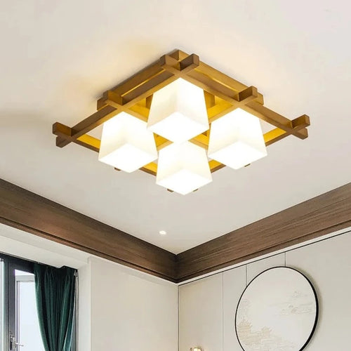 plafonnier led japonais avec abat-jour en verre et base en bois - vue 2 sur 18