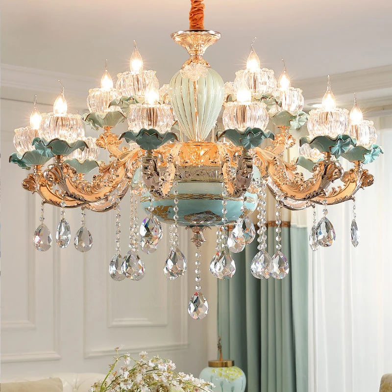 Lustre céramique à fleurs et cristal - vue 2 sur 13