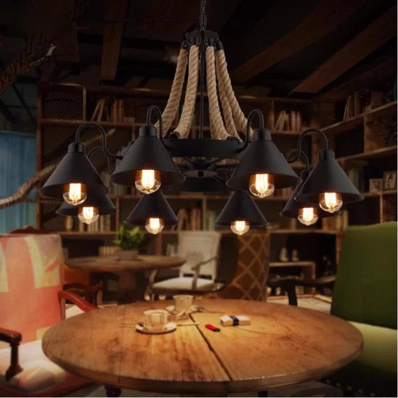Vintage Hemp Rope Pendant Lamps Iron Lampshade Retro Coffee House Bar Indoor Lightings E27 Industrial Style Chain Pendant Light