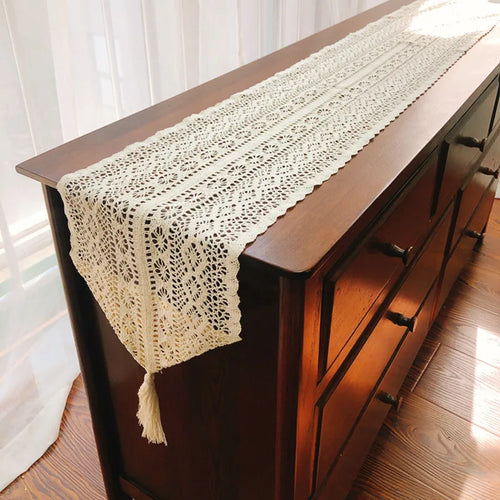 Chemin de table dentelle crochet bohème pompons coton - vue 7 sur 6