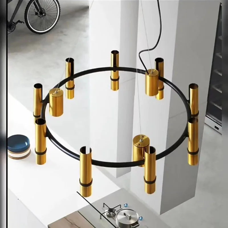 lustre en métal doré avec anneau noir réglable pour divers espaces - vue 4 sur 7