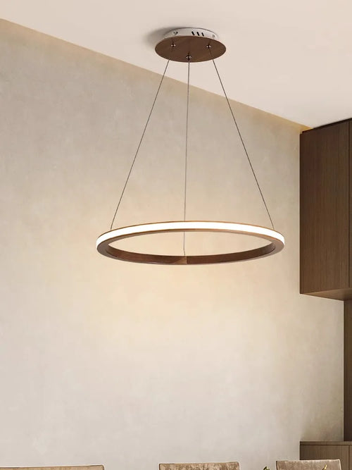 lustre moderne en bois led avec anneau en noyer rétro - vue 5 sur 14