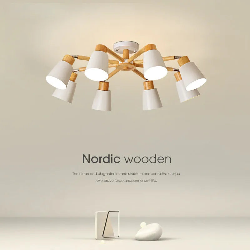 Lustre bois LED têtes salon maison intérieur moderne - vue 5 sur 12