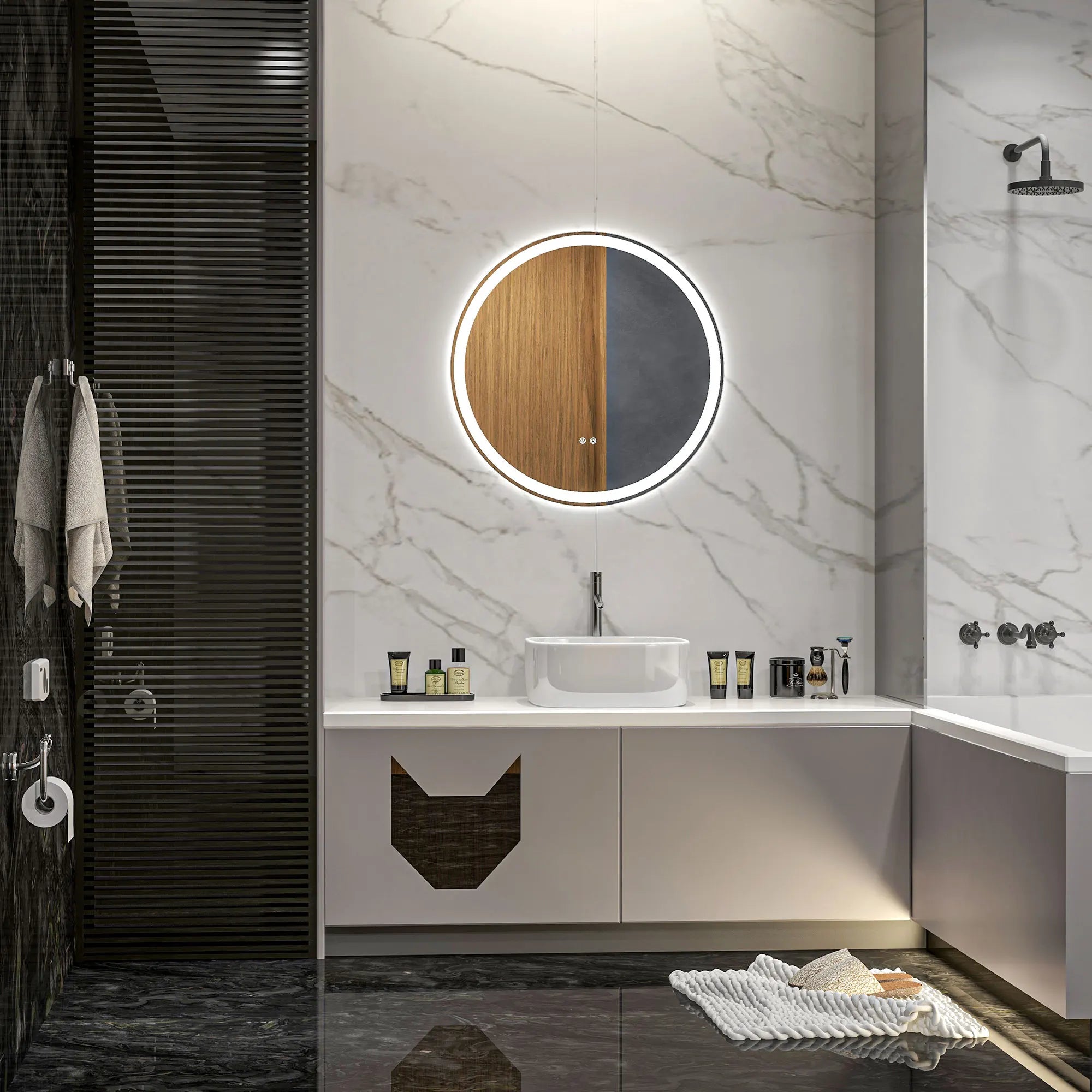 miroir rond avec lumières led réglables antibuée argent - vue 3 sur 7