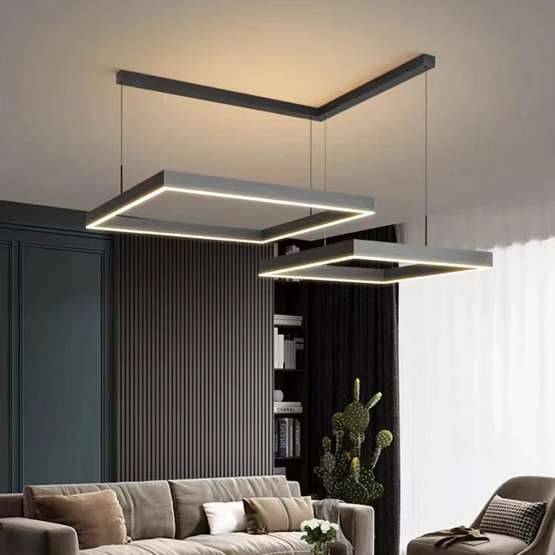 Lustre Led carré moderne pour salon salle à manger chambre cuisine noir Rectangle Led plafonnier suspension lampe