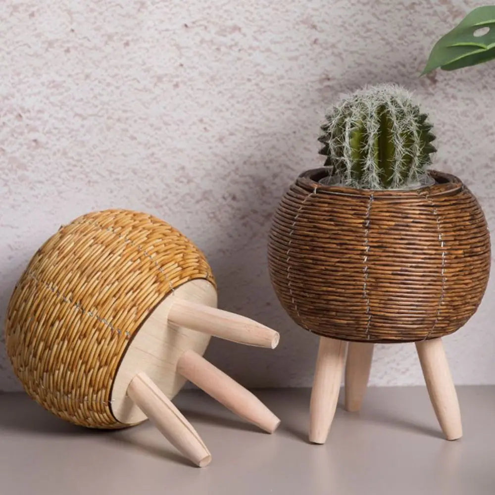 pot de fleurs rotin tressé créatif avec pieds amovibles et support durable - vue 5 sur 14