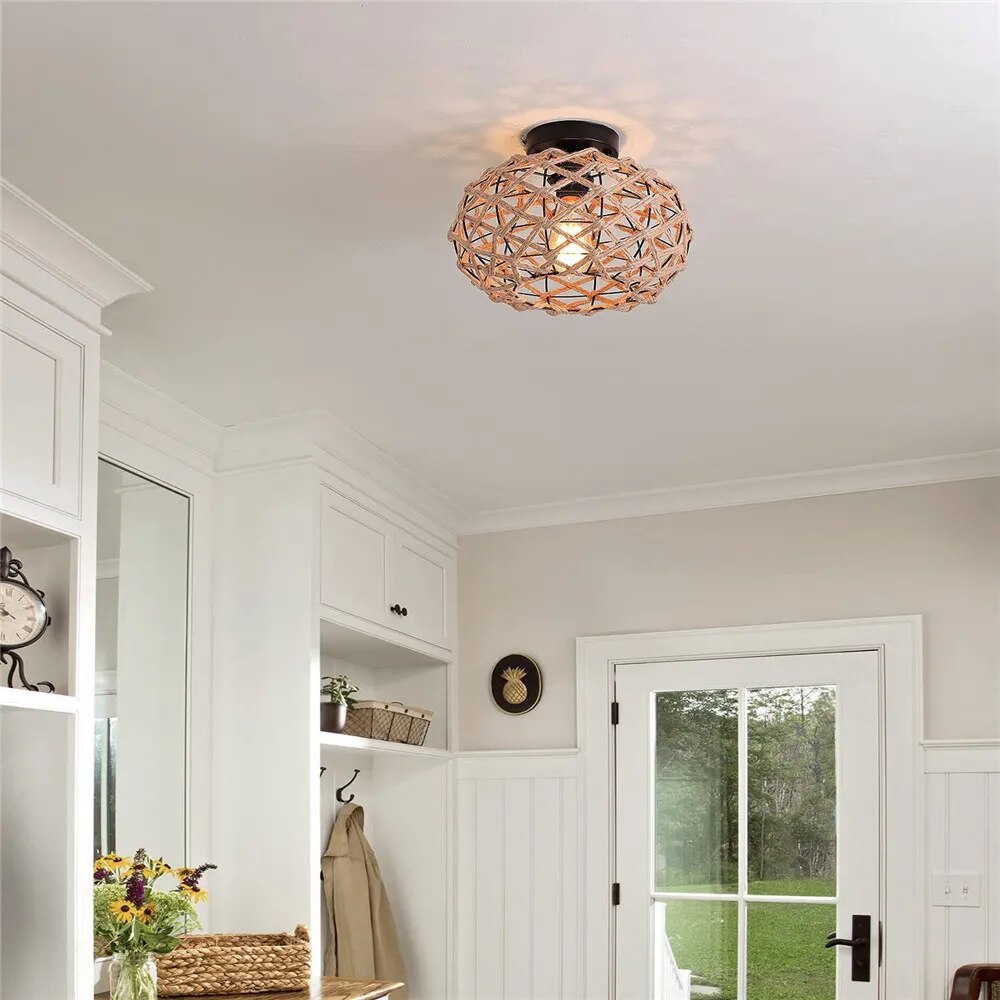 plafonnier tissé rustique corde chanvre plafond couloir ferme noir - vue 6 sur 6
