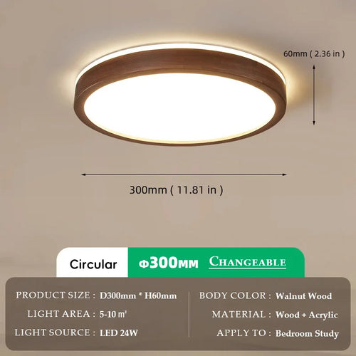Walnut Wood Ceiling light, Wabi-sabi Simple Modern Vintage style, Bedroom lighting for Bathroom, Bedroom, dining room, Study - vue 9 sur 16