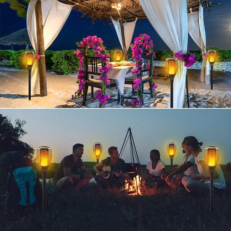 DINOWIN Lot De 2 Torches Solaires Extérieur Bambou Avec Flammes Réalistes Vacillantes – Lumière Solaire LED Étanché IP65 Pour Jardin, Patio, Allées Et Décoration Paysagère
