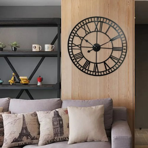 horloge murale moderne en fer noir chiffres romains décoration intérieure - vue 2 sur 8