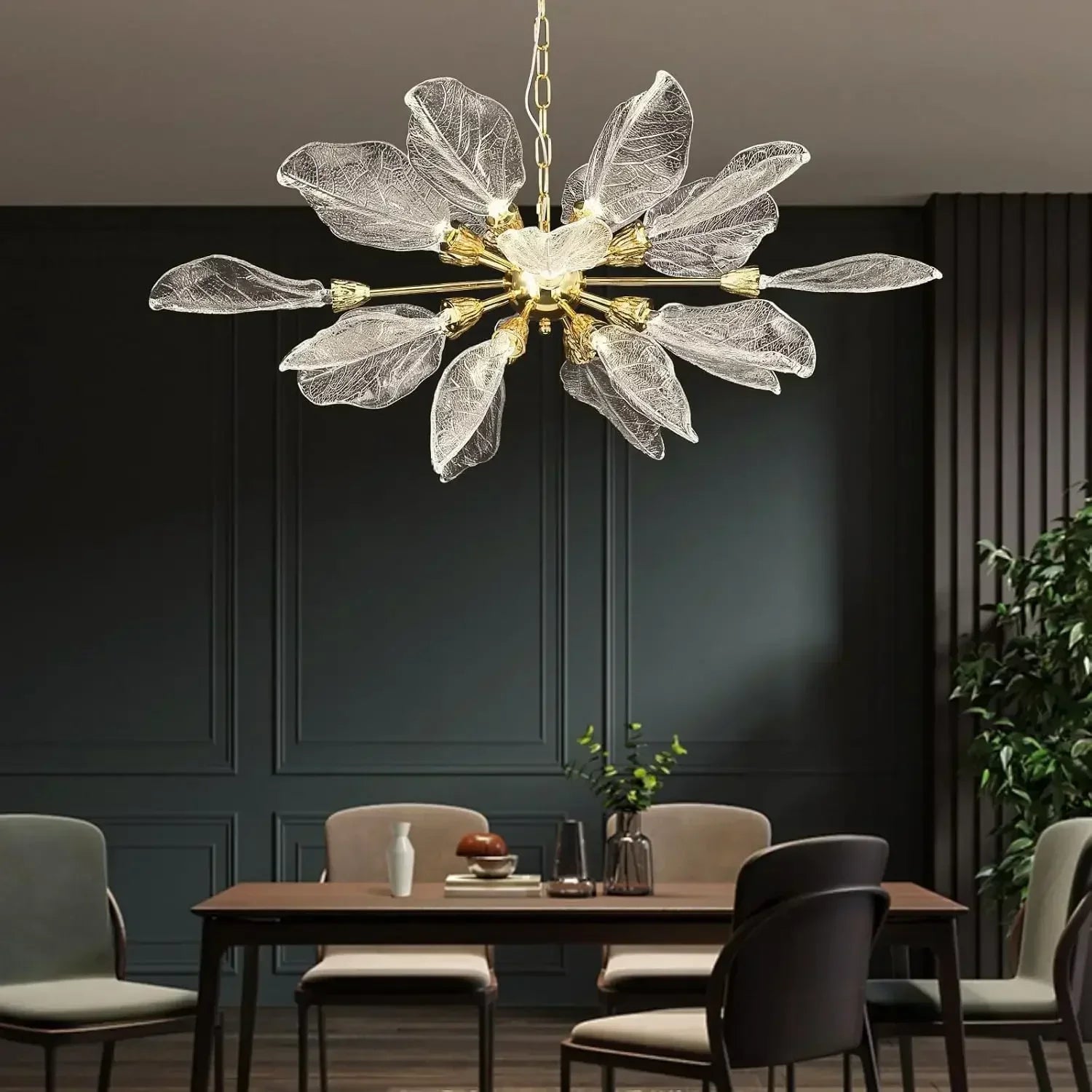 lustre moderne en métal avec design élégant et feuilles décoratives - vue 4 sur 14