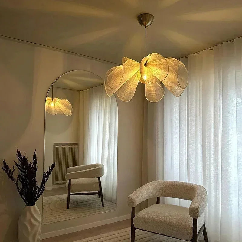 Wabi Sabi Fabric Pendant Light Flower Chandelier Suspension Hanging Light for Living Dining Room - vue 3 sur 8