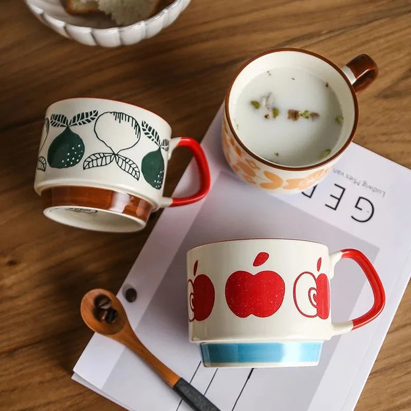 Ensemble tasses japonaises motif floral retro ceramique