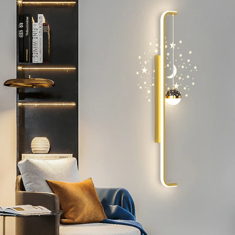 Modern Long Wall Lamps Living Room Wall Light TV Background Decorative Night Lights Black White Gold Star Projection AC 220V - vue 3 sur 17
