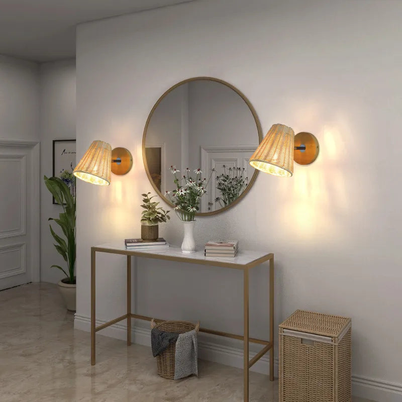 applique murale led vintage en rotin tissée à la main avec interrupteur - vue 4 sur 8