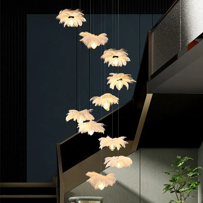 2024Staircase Feather Chandelier Ostrich Glass Design Pendant Chandelier Lighting Home Decor Suspend Lustre Fixtures - vue 5 sur 11