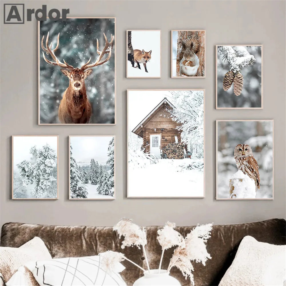 décoration murale forêt hivernale avec renard hibou et cerf - vue 3 sur 7