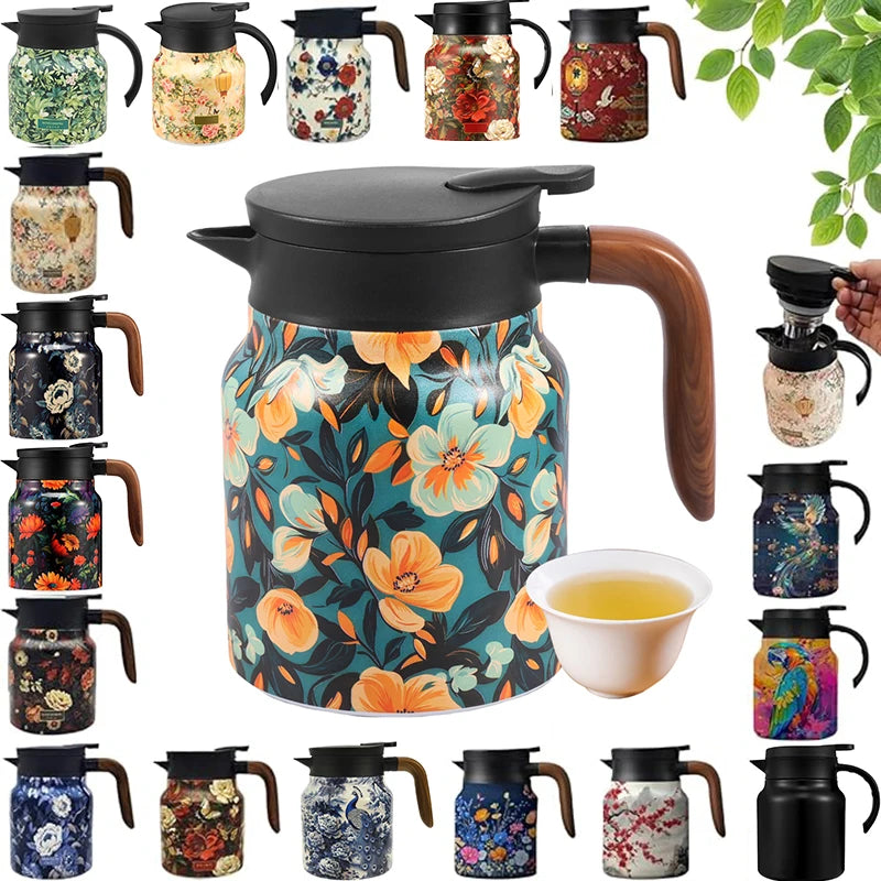 Théière isotherme vintage motif floral acier inoxydable infuseur - vue 2 sur 7
