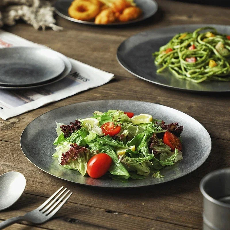 Assiette plate vintage acier inoxydable style industriel camping - vue 5 sur 7