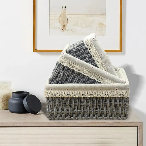panier de rangement tissé en rotin avec doublure amovible décorative - vue 3 sur 12