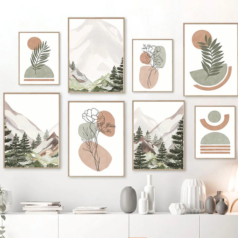 peinture abstraite forêt fleurs géométries pour décoration intérieure