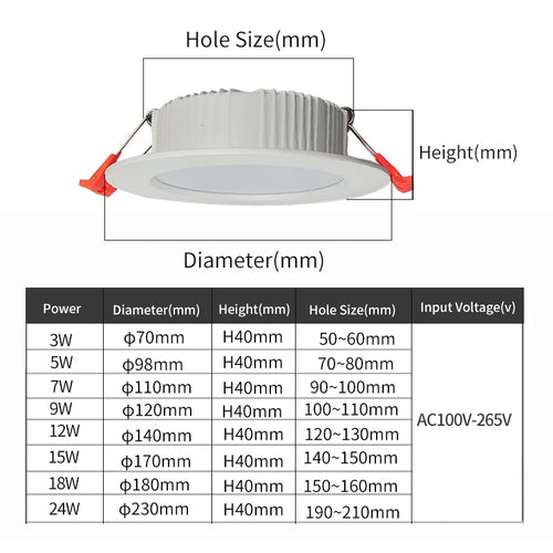 220V round embedded LED downlight, bedroom, indoor living room ceiling lighting, home decoration 3W/5W/7W/12W/15W/18W/24W - vue 7 sur 6