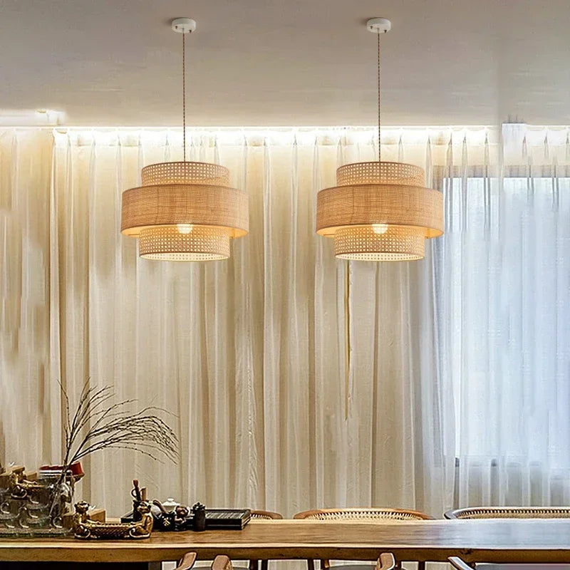 lustre à led wabi sabi en rotin pour décoration intérieure - vue 3 sur 10