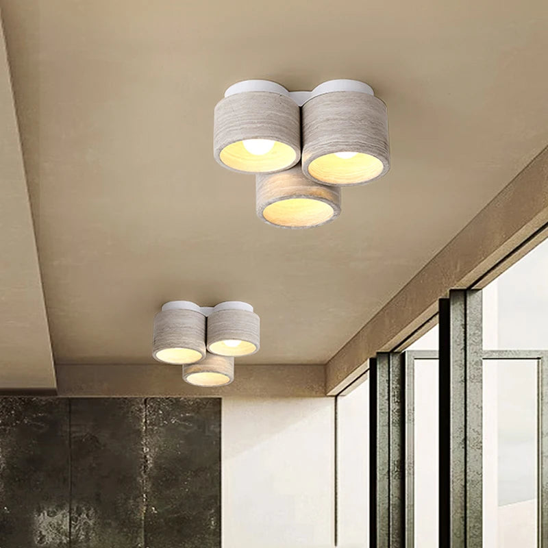 plafonnier led moderne 3 têtes en pierre de grain de bois wabi sabi - vue 3 sur 6