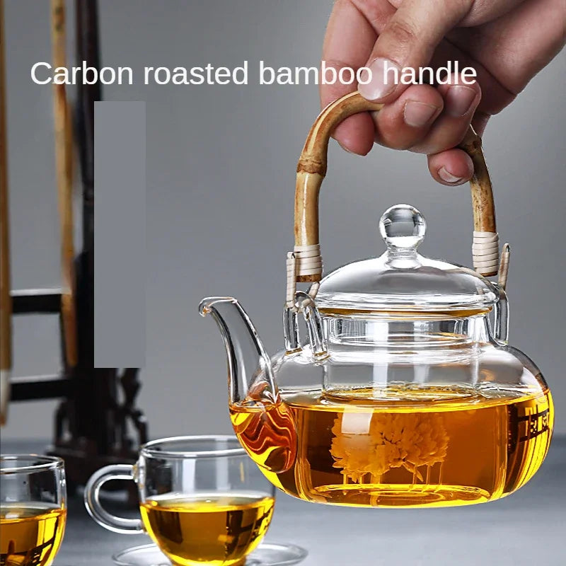 theiere verre poignee bambou tasses infusion pu erh - vue 4 sur 8