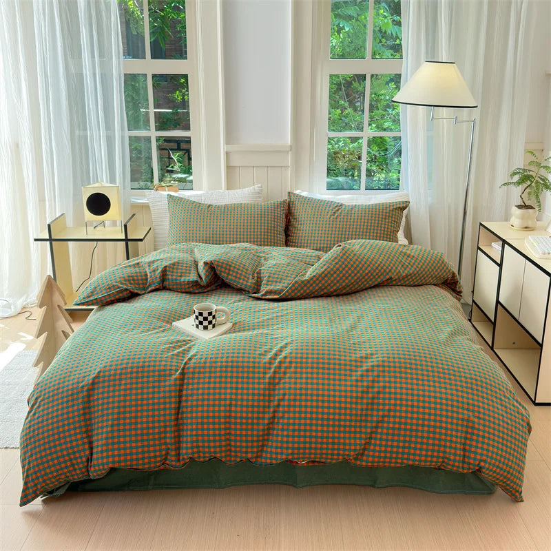 housse de couette en coton lavée à carreaux douce et confortable