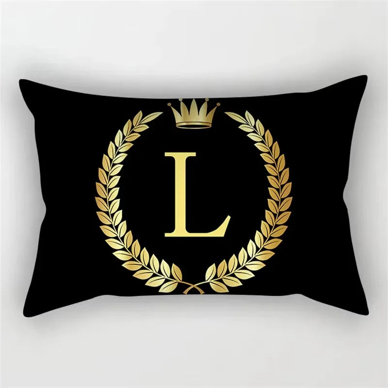 housse de coussin décorative motif lettres noires et dorées