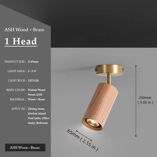 Walnut Wood Brass Spotlight Ceiling Light Fixture, Living Room Light for Dining Room, Kitchen Island, Corridor aisle, bedroom - vue 11 sur 14
