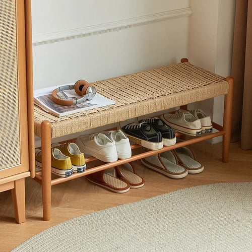 tabouret à chaussures en bois massif tressé en rotin style rétro moderne - vue 3 sur 9
