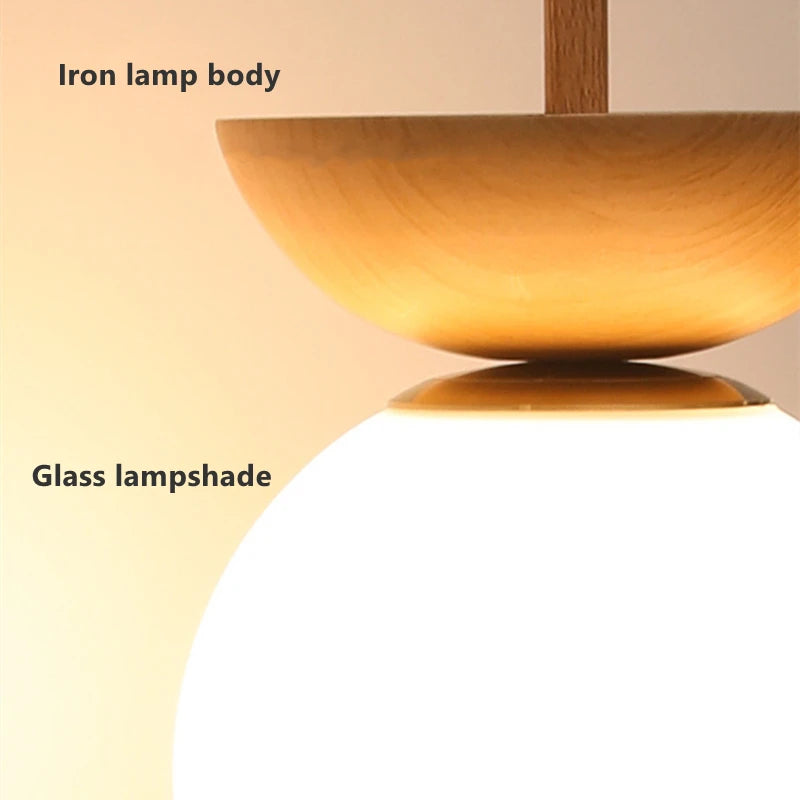 plafonnier led noyer nordique grain de bois boule ronde abat-jour en verre - vue 7 sur 10