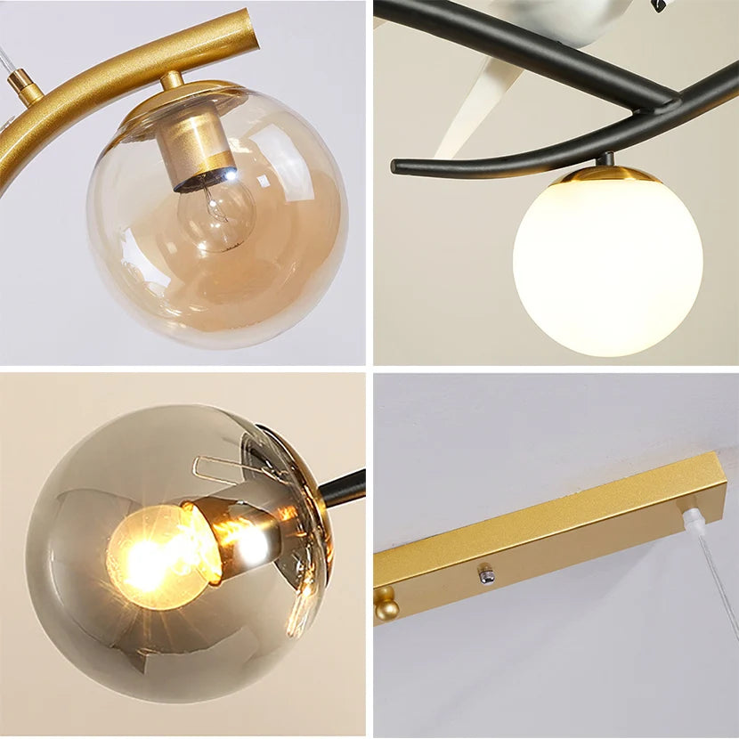lustre en fer avec oiseau et boule de verre suspendue - vue 5 sur 12