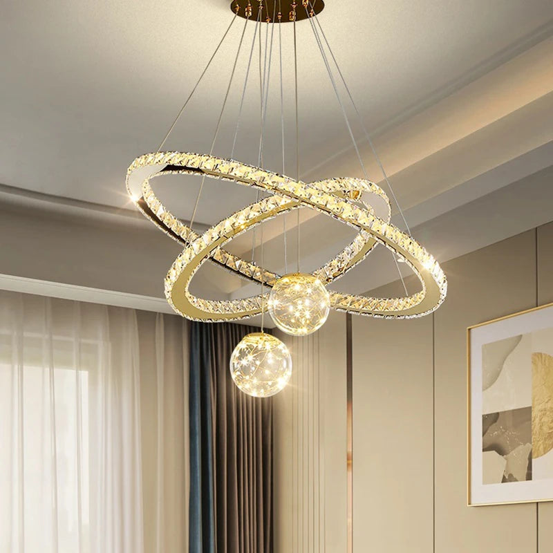 lustre led moderne en cristal doré anneau étoile boule de verre - vue 3 sur 13