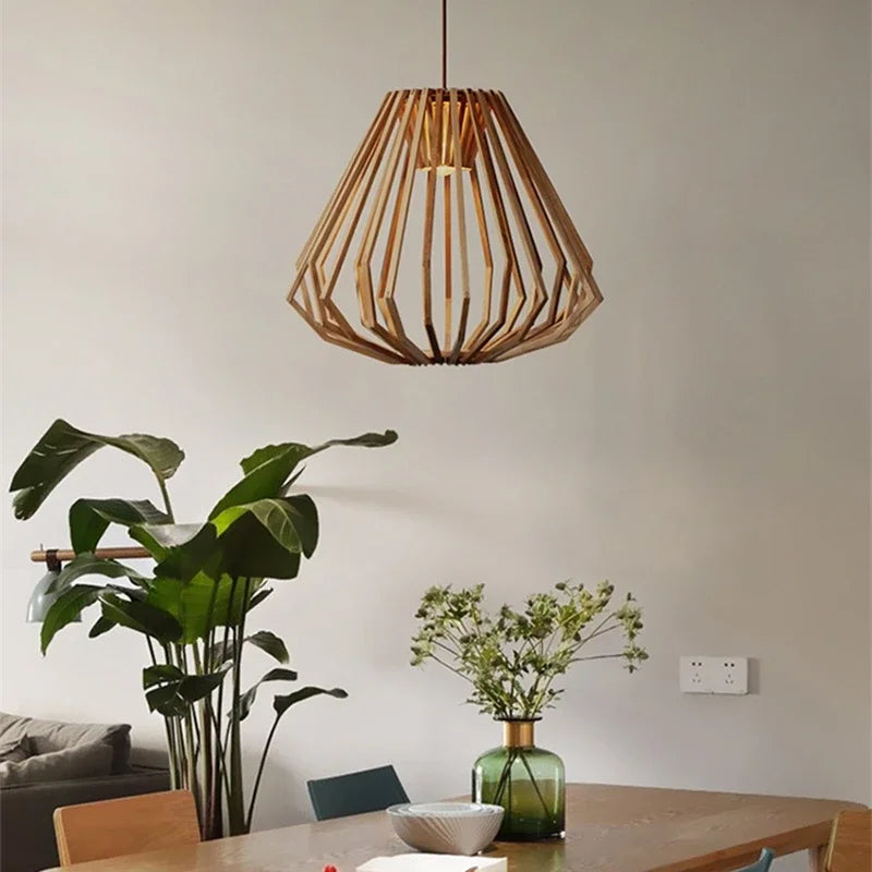 Nordic Wooden Cage Chandelier For Living Room Dining Study Modern Solid Wood Art Led Lamp Indoor Lighting Home Decor - vue 6 sur 8