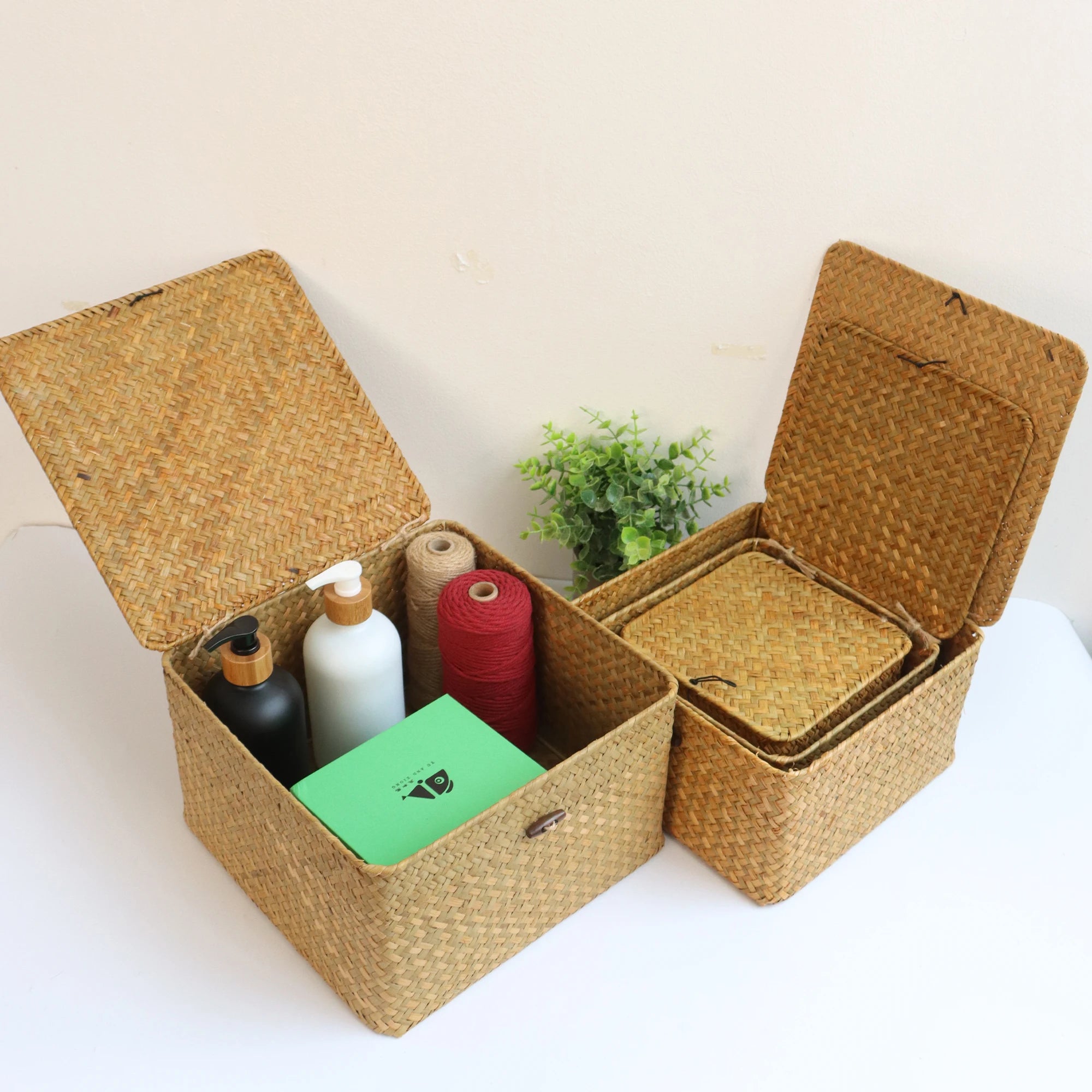 lot de 4 paniers en jonc de mer avec couvercle décoratifs et pratiques - vue 6 sur 6