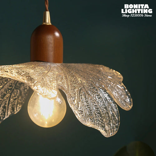 suspension lotus en noyer laiton et verre rétro - vue 5 sur 8