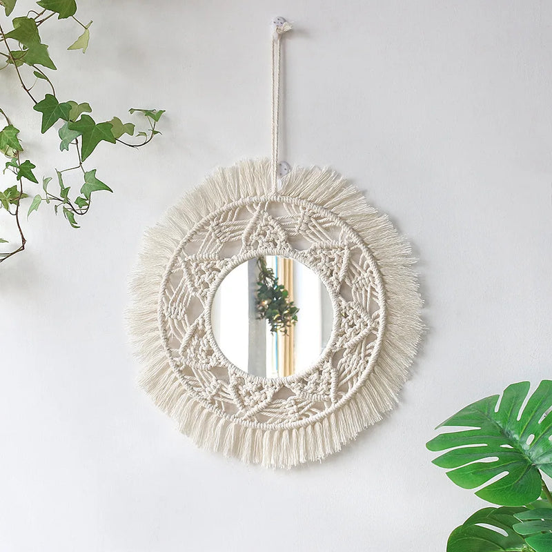 miroir mural en macramé style bohème pour décoration intérieure